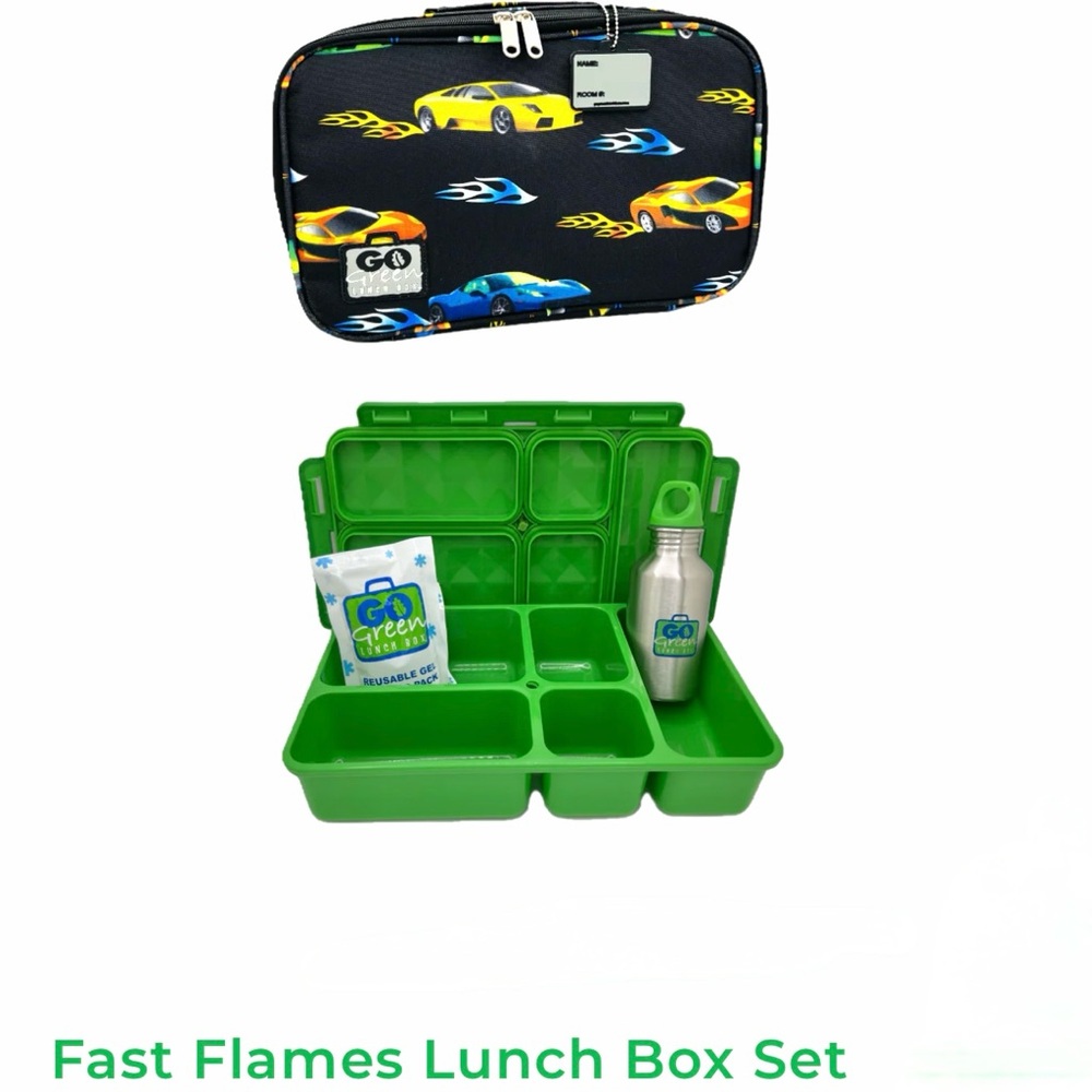 Lunch Box Set with Bento Box & Cover, Water Bottle & Ice Pack | Fast Flame Cars